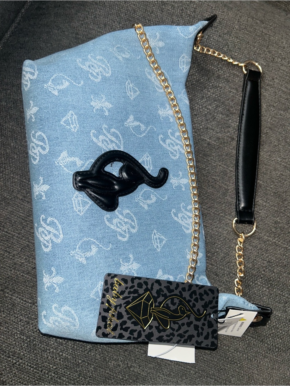 Baby Phat Light Blue Denim Monogram Shoulder Bag with Gold Chain and Black Trim